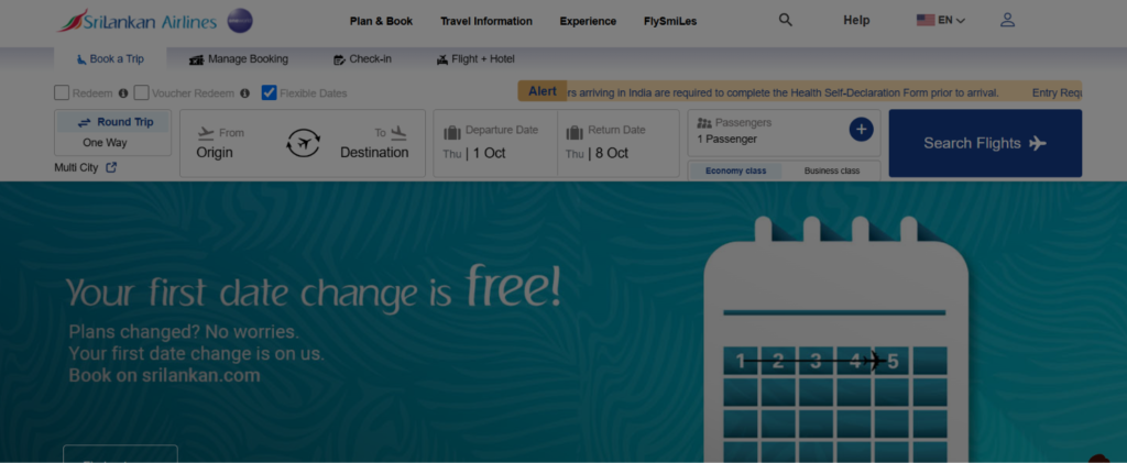 SriLankan Airlines official website featuring flight booking options, destinations, travel services, and SriLankan Airlines promo codes.